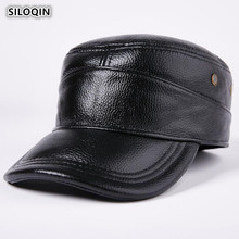 SILOQIN Winter Warm Men's Cowhide Baseball Cap With Earmuffs Adjustable Size Flat Top Caps New Style Genuine Leather Hat For Men 2024 - buy cheap