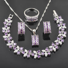 2020 novos conjuntos de jóias de zircônia roxa para o casamento feminino cor prata pulseira colar pingente brincos anel qs0143 2024 - compre barato