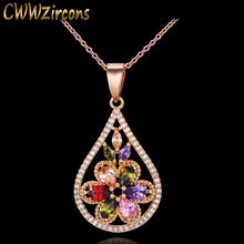 CWWZircons Fashion Yellow Gold Color CZ Stone Pave Luxury Multi Color Crystal Big Flower Drop Pendant Necklace For Women CP057 2024 - buy cheap
