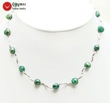 Qingmos-collar de perla Natural flotante para mujer, 8-9mm, Perla Barroca verde, gargantillas, joyería chapada en plata 2024 - compra barato