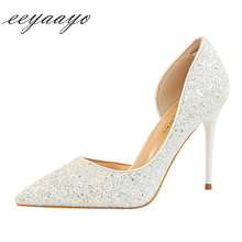 2019 New Spring Women Pumps High Thin Heel Pointed Toe Shallow Fretwork Sexy Bling Bridal Wedding Women Shoes White High Heels 2024 - buy cheap