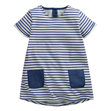 Vestido de verão para bebês meninas, vestido listrado azul marinho, bolsos duplos, botões traseiros e roupas casuais de algodão, novo estilo de roupa (1-6 anos) 2024 - compre barato