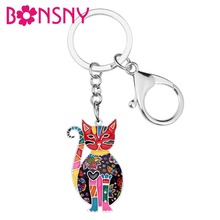 Bonsny Enamel Alloy Floral Elegant Kitten Cat Key Chains Keyring Jewelry For Women Ladies Pendant Bag Car Charms Keychain Bulk 2024 - buy cheap