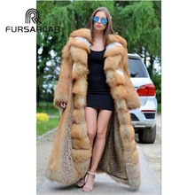 Fursarcar casaco de pele de raposa, real dourada, feminino, 120 cm de comprimento, jaqueta feminina, grosso, quente, genuíno, pele 2024 - compre barato