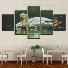 Quadros de lona, arte emoldurada modular, 5 peças, swans no lago, pintura de animais, pôster de natação, decoração de impressão moderna, parede da sala de estar 2024 - compre barato