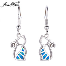 JUNXIN-pendientes de Gato Azul a la moda para mujer, pendientes de ópalo de fuego de plata de Color, aretes dobles, regalo de joyería 2024 - compra barato
