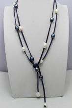 Handmade Leather Pearl Jewelry Dark Gray Leather Necklace White And Black Color Freshwater Pearl Necklace 48 Inches No Metal 2024 - buy cheap