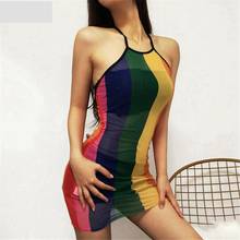 Rainbow Color Women Sexy See-through Mini Halter Dress Summer Perspective Bodycon Slim Fit Ladies Mini Party Dress 2024 - buy cheap