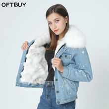 brand 2021 autumn winter jacket coat women Holes Denim jacket real large raccoon fur collar and real Fox fur thick warm Liner 2024 - buy cheap