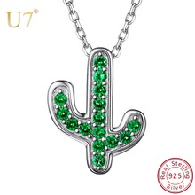 U7 925 Sterling Silver Cactus Pendant Necklace Green Cubic Zirconia Luxury Crystal Desert Plant Chain Choker Women Jewelry Gift 2024 - buy cheap