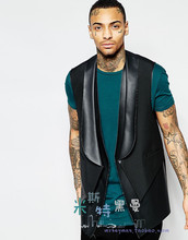 S-4XL! 2016 Men's clothing fashion PU patchwork vest moben personalized shawl collar double layer vest plus size Singer costumes 2024 - buy cheap