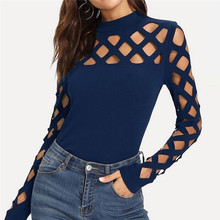 Sexy Fashion Women Long Sleeve O-Neck Top shirt lady hollow out Square Cutout Shoulder Blouse spring autumn Fitted Tee Blouse#XS 2024 - buy cheap