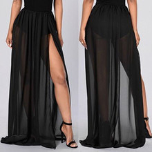 Women High Waist Empire See Through Sheer Side Split Skirt Black Solid Transparent Chiffon Pleated Maxi Long Skirt Summer Hot 2024 - buy cheap