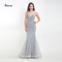 Finove 2020 Evening Dresses New Design Tulle With Beading Feathers Sexy V Neck Long Floor Length Party Mermaid Dress For Women 2024 - buy cheap