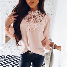 Spring 2018 Ladies New Sweet Hollow Out Flower Blouse Casual Lace Patchwork Tops Long Sleeve Chiffon Shirts 2024 - buy cheap