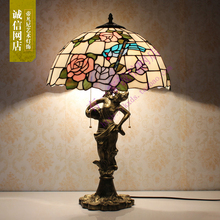 Lámpara de mesa de libélula de 16 pulgadas para sala de estar y dormitorio, accesorio de moda Tiffany Beauty, flor rosa, vidrio manchado, E27, 110-240V 2024 - compra barato