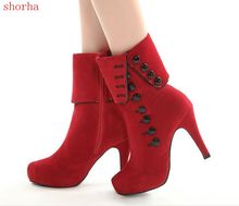 De las mujeres de la moda nueva negro zapatos de tobillo botas de plataforma de zapatos de mujer otoño botas de invierno botas de peluche rojo tamaño 35-39 2024 - compra barato