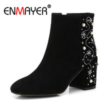 ENMAYER Ankle Boots Pearl Women Shoes Big Size 34-43 Causal High Heels Thick Heels Fashion Boots Square Toe Suede Zipper CR1072 2024 - buy cheap