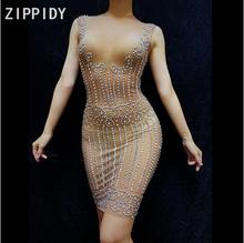 Vestido de fiesta de plata brillante para mujer, traje sin mangas con diamantes de imitación, malla transparente, discoteca, cantante, baile 2024 - compra barato