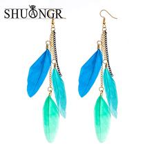 SHUANGR-pendientes largos bohemios para mujer, aretes colgantes, accesorios de boda, estilo étnico, a la moda, Estilo de pluma, 2017 2024 - compra barato