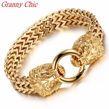 Granny Chic-pulsera de acero inoxidable con doble figura para hombre y niño, brazalete con cierre de león dorado, cadenas Figaro, estilo Retro, 8,66 ", 12MM 2024 - compra barato