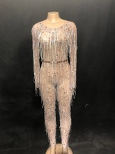 Женская танцевальная одежда, сексуальный блестящий серебряный комбинезон со стразами, белый комбинезон с кисточками, праздничный вечерний костюм на день рождения 2024 - купить недорого