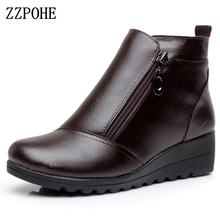 Zzpohe-botas femininas de couro legítimo, calçado de inverno na moda, calçado feminino com cunha no tornozelo, quente, plus size 43 2024 - compre barato