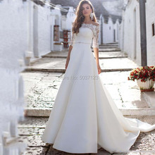 Fora do Ombro Vestidos de Casamento Do Laço Apliques vestido de Noiva Plus Size Tribunal Trem Mangas Meia Illusion Vestidos De Noiva 2024 - compre barato