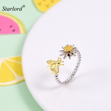 Bee Flower Ring 925 Sterling Silver Adjustable Silver Ring Open Ring Daisy Flower Ring For Women R6250BK 2024 - buy cheap