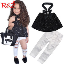 R&Z 2019 Summer new Kids Fashion Girls Clothing Sets 3 pcs Black Blouse Top & hole Casual Jeans&Collar band Clothes 2024 - buy cheap