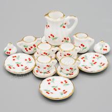 Odoria 1:12 Miniature 15PCS Tea Cup Set Red Cherries Golden Trim Porcelain Tableware Teaware Kitchen Dollhouse Accessories Decor 2024 - buy cheap