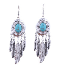 2017 Bohemian Vintage Silver Color Long Oval Stone Dangle Earrings Leaves Feather Tassels Drop Earrings For Women 2024 - buy cheap