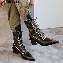 Allbitefo marca de moda couro genuíno dedo do pé do pé salto alto ankle boots para mulher outono botas femininas botas de couro 2024 - compre barato