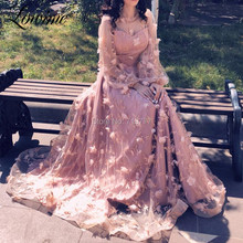 Muslim Prom Dresses 2019 Long Sleeves Flower Pink Islamic Dubai Saudi Arabic Formal Evening Gown Party Dress Robe De Soiree 2024 - buy cheap