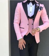 New Pink With Black Lapel Suits for Men High Quality Custom Made Slim Groom 3 Piece Wedding Mens Suits (Jacket+Pant+Vest) 2024 - buy cheap
