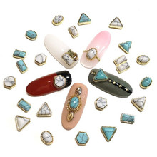 Japanese Korean Trend nail style 50pcs latest metal gold base plus crack turquoise stone design 3D nail art alloy jewelry 2024 - buy cheap