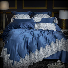 Azul Jogo De cama de Seda de Luxo de Ouro para o Casamento Queen size Rei capa de Edredão de Cama jogo de cama conjunto de Folhas de Cama Roupa de Cama fronha 2024 - compre barato