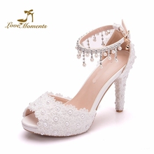 Fish Mouth High Heel Sandals Sweet White Lace Wedding Bride Shoes with Buckle Straps 10cm Heel Girl Birthday Party Shoes 2024 - buy cheap