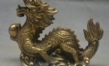 YM  311  7" China FengShui Palace Brass Auspicious Wealth Zodiac Dragon Hold Ball Statue 2024 - buy cheap