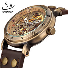 Retro Hollow Skeleton Automatic Mechanical Watches Men's Steampunk Bronze Leather Brand Unique Self-wind Mechanical Wristwatches 2024 - buy cheap