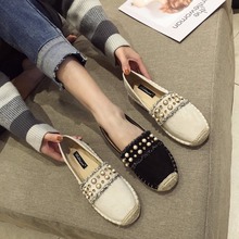 pearl beads espadrilles women round toe flats straw glitter tassel creepers shoes woman soft flock slip on crystal loafers 294 2024 - buy cheap
