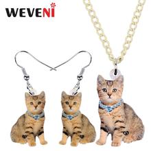 Weveni conjunto de joias de acrílico, joias fofas de gatinho marrom, colar de brinco, gota, moda pet para mulheres, amantes, presentes 2024 - compre barato