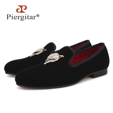 Piergitar 2021 New Style Men Velvet Shoes with Fox Rhinestone buckle Wedding Loafers Smoking Slipper Men Flats Size US 4-17 2024 - buy cheap