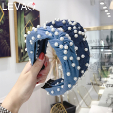 Levao Simple Jeans Fabric Pearls Hairbands for Girls/Women Blue Cloth Cross Kontted Plastic Wide-edged Headband Female Headpiece 2024 - buy cheap
