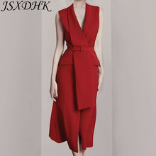 JSXDHK High Quality Women Office OL Midi Dress Runway Designer Red Sleeveless Ruffles Bodycon Vestidos Fashion Sexy V Neck Dress 2024 - buy cheap