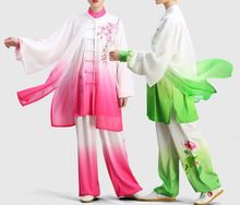 unisex 3pcs/set Tai chi uniforms taijiquan suits veil embroidery Lotus wushu martial arts clothing gradient green/pink 2024 - buy cheap