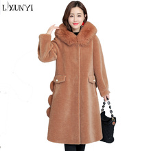 LXUNYI Elegant Faux Fur Long Coats Women Thick Winter Jacket Casual Wide Waist Single Breasted Long Sleeve Faux Fur Coat Female 2024 - buy cheap
