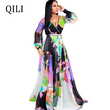QILI Chiffon Print Dress Long Sleeve V neck Loose Plus Size Dresses Boho Casual Long Maxi Beach Dress For Women S - XXXL 2024 - buy cheap