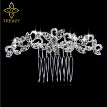 TREAZY-horquillas plateadas con hojas de cristal para novia, Tiara de boda, peines para el pelo, accesorios de compromiso para el cabello, fiesta 2024 - compra barato