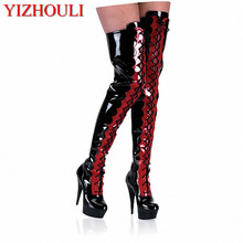 Sexy nightclub 15 cm, thick heels, female model stage fashion pole dancing 6 inches in front of thin strap, knee boots 2024 - buy cheap